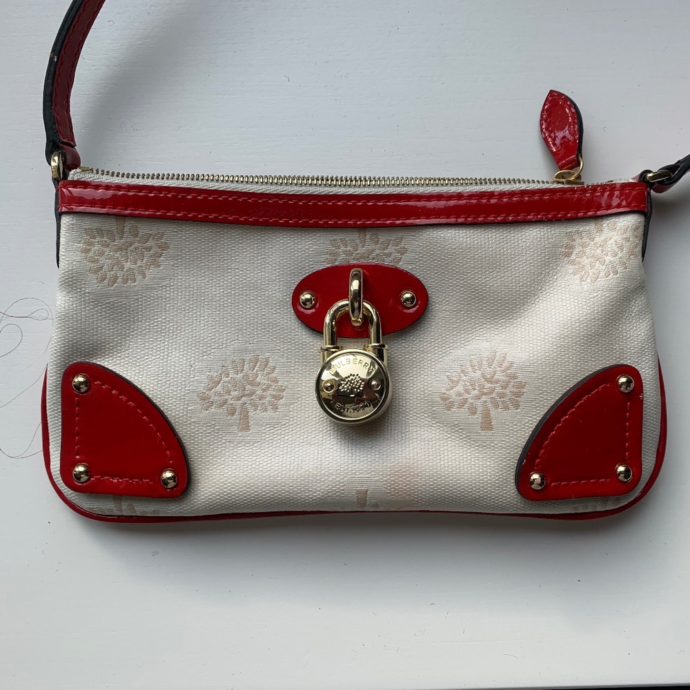 Mulberry Tamara Mini Messenger Bag with Ivory Tree Canvas & Patent Red Leather